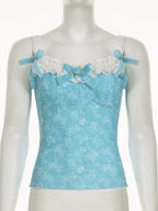 Lace Trim Bow Print Slimming And Waist-cinching Backless Tank Top