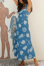 Bow Shoulder Sleeveless Seashell Print Maxi Dress