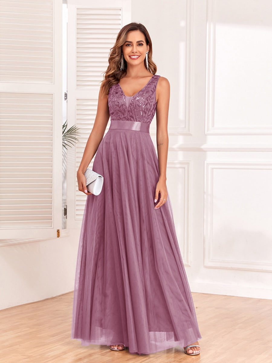 V-neck Embroidery Sequins Elegant Gauze Formal Dress Maxi Dresses