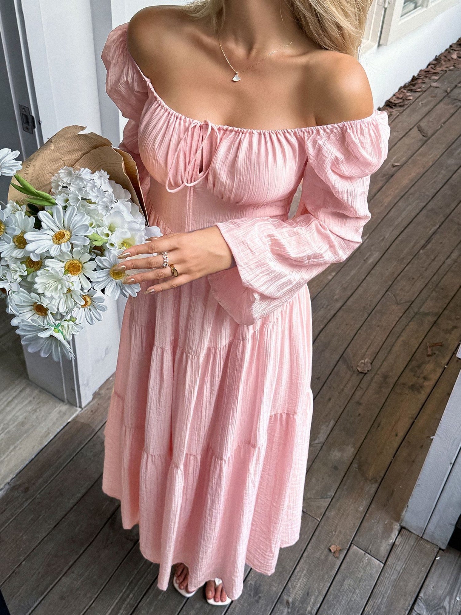 Straps Puff Sleeve U-neck Long Sleeve Maxi Dresses
