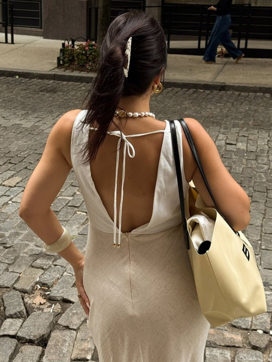 Cotton And Linen Elegant Waist-cinching V-neck Sleeveless Comfort Maxi Dresses