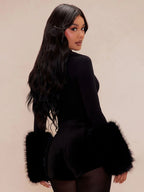 Fur Trim On Cuffs Solid Color Bodysuit