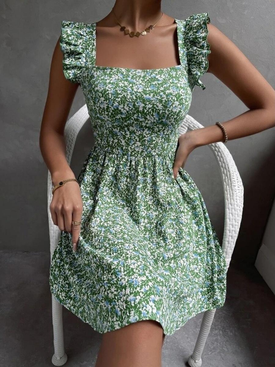 Ruffled Square Neckline, Lotus Leaf Shoulders, Bow-tie, Full Skirt, Floral Print Short Dress