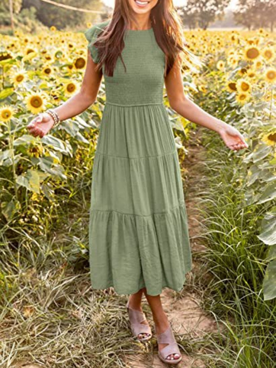 Solid Color Ruched Layered Short-sleeved Maxi Dress