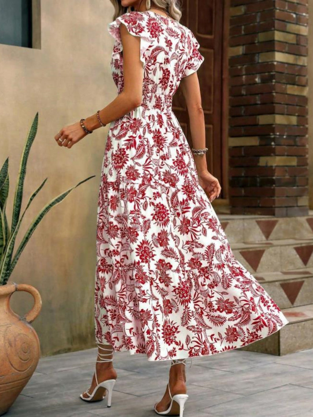 Floral Print V-neck Short Sleeve Maxi Dresses