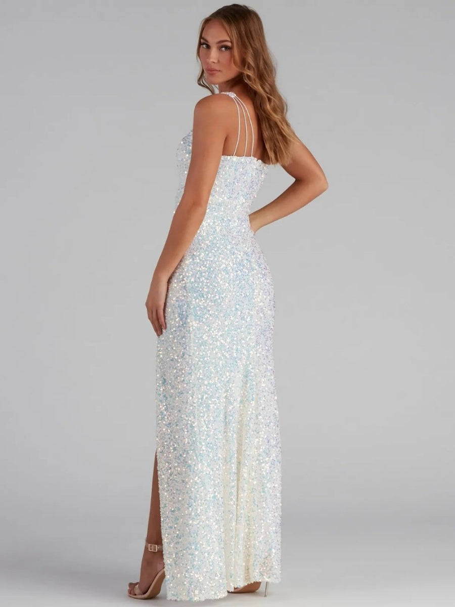 Sloping Shoulders Sequins High Slit Parties Maxi Dresses