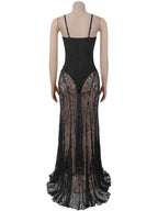 Lace Patchwork Evening Gown See-through Backless Camisoles Maxi Dresses