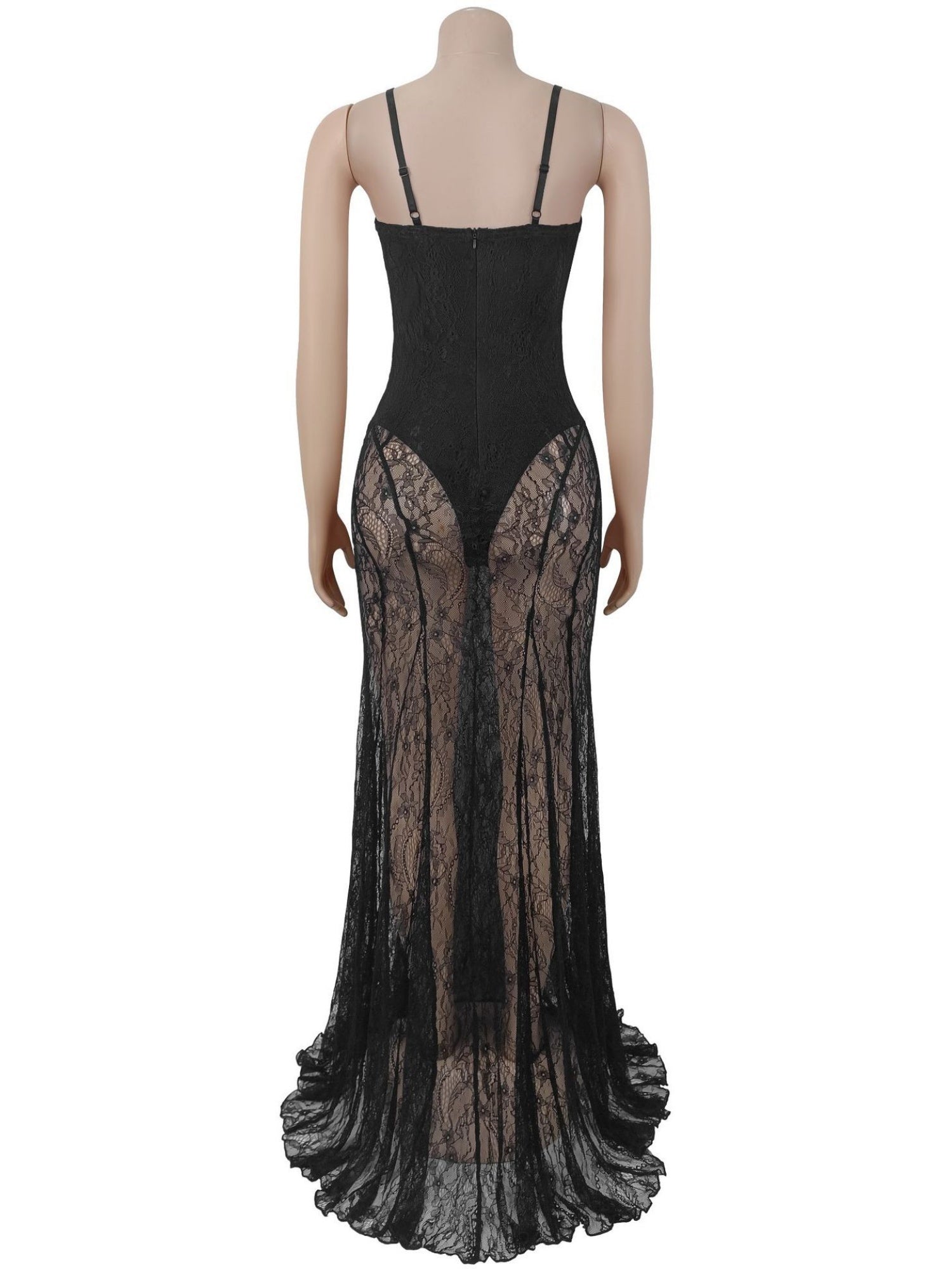 Lace Patchwork Evening Gown See-through Backless Camisoles Maxi Dresses