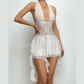 Halter v neck backless lace self tie hollow out cut out mini dress