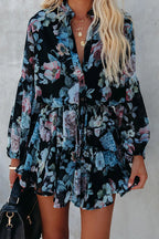 Floral Print V-Neck Button-Front Drawstring Waist Ruffle Hem Mini Dress