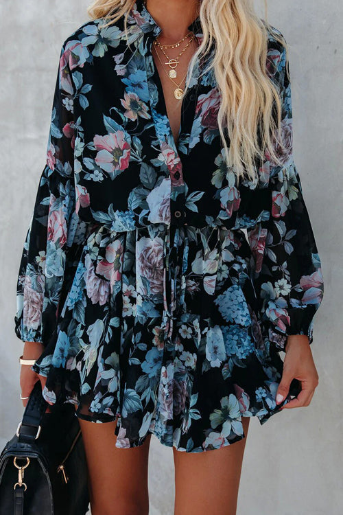 Floral Print V-Neck Button-Front Drawstring Waist Ruffle Hem Mini Dress