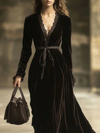 Retro Velvet Lace Stitching Maxi Dresses