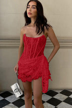 Strapless Floral Lace Corset Boned Draped Asymmetrical Hem Mini Dress