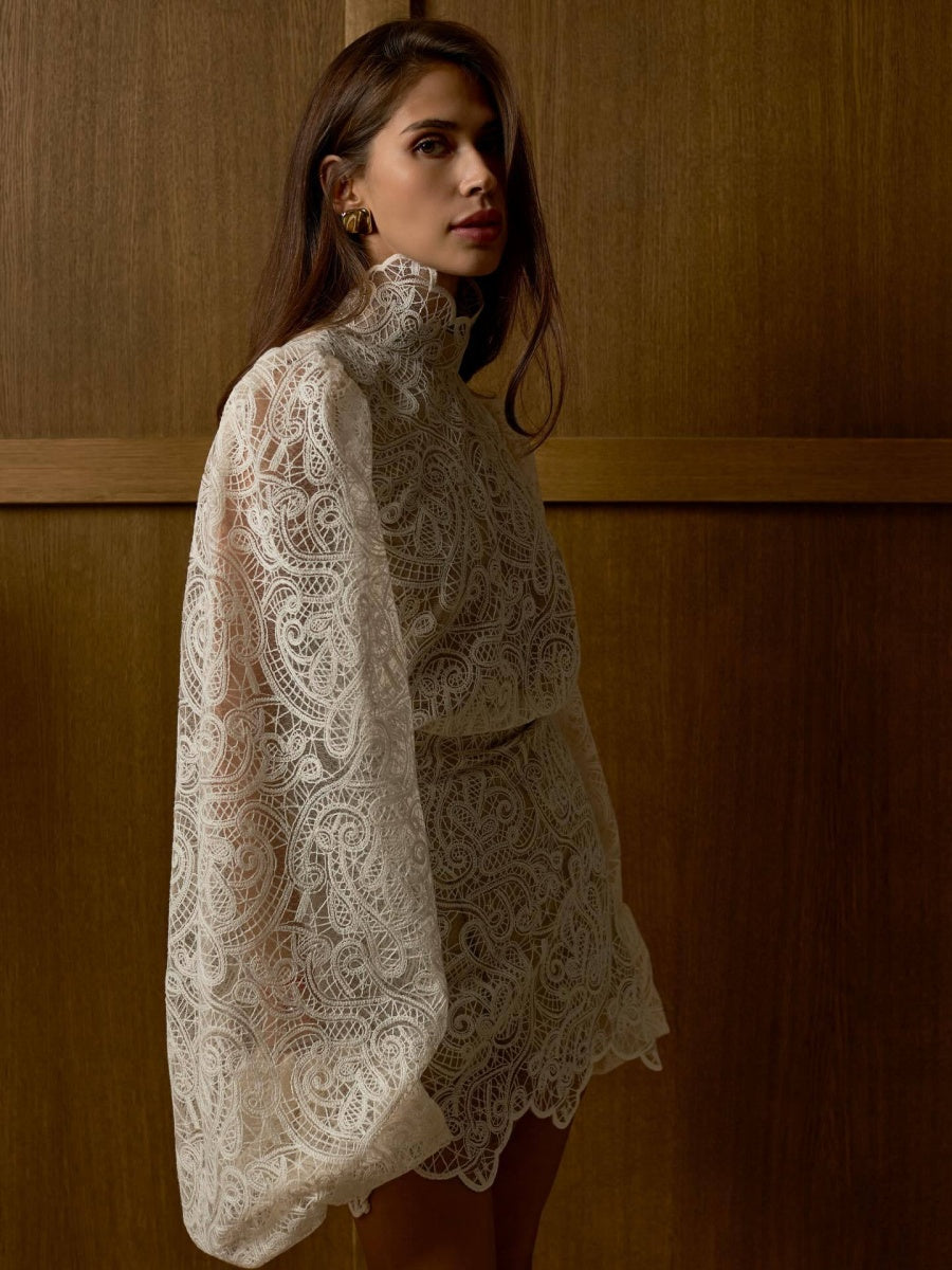 Lantern Sleeve High Neck Lace Two-piece Set