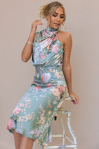Satin Floral Print Halter Neck Cowl Neck Two Piece Set