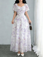 Floral Lotus Leaf Sleeves Sweetheart Collar Vacation And Leisure Maxi Dresses