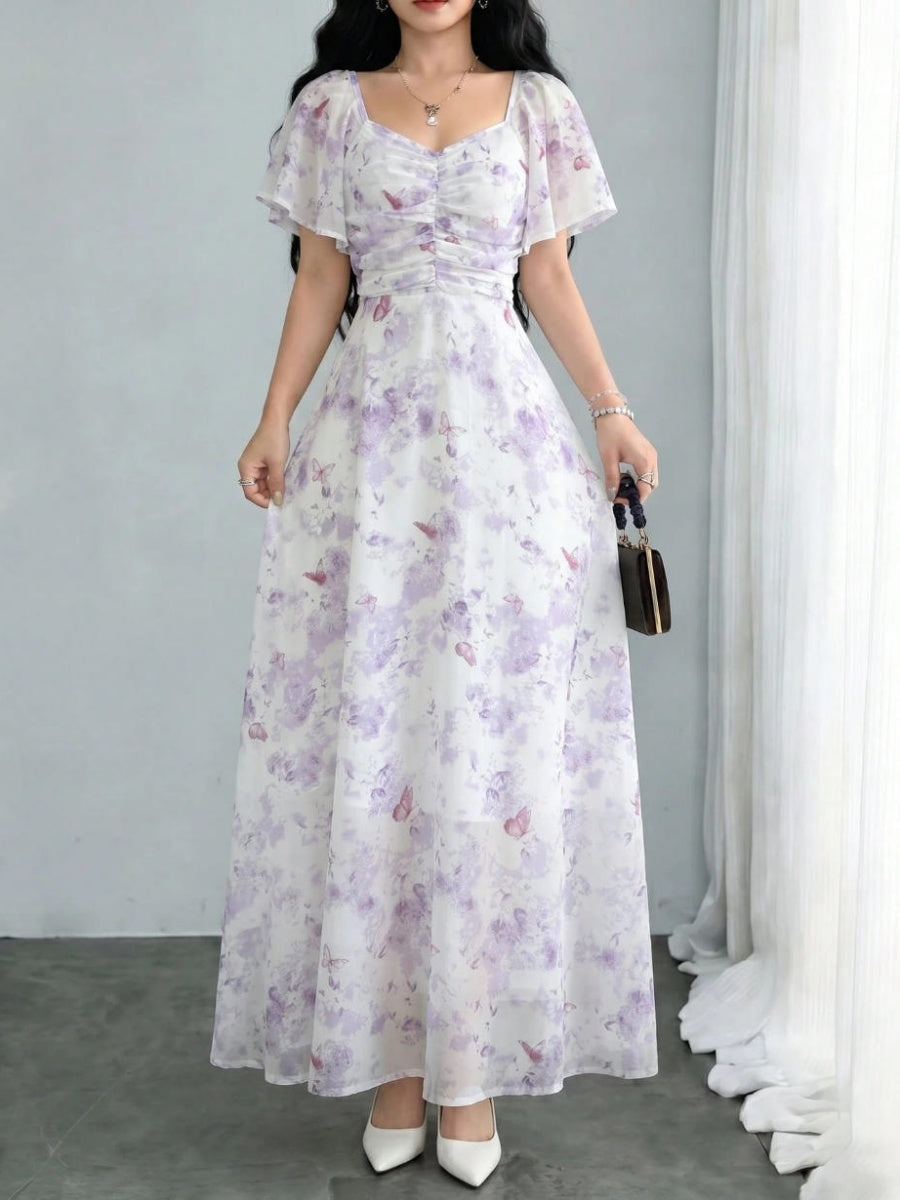 Floral Lotus Leaf Sleeves Sweetheart Collar Vacation And Leisure Maxi Dresses