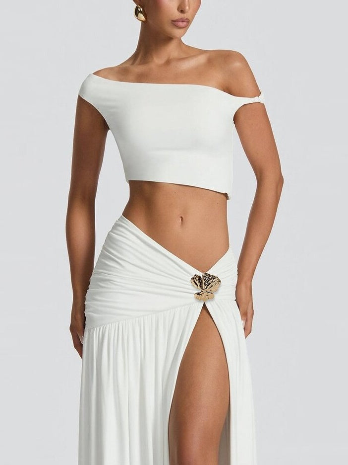 Off-shoulder Crop Top Tank Top And Fitted Side Slit Skirt Two-piece Set