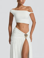 Off-shoulder Crop Top Tank Top And Fitted Side Slit Skirt Two-piece Set