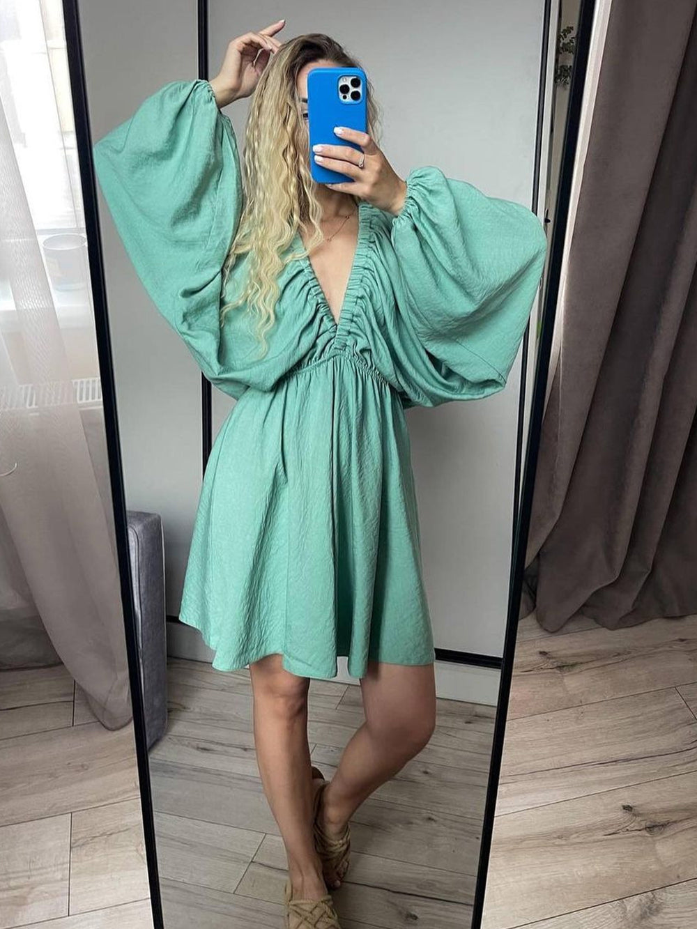 Deep V Neck Lantern Sleeve Pleated Waist Belted Mini Dress