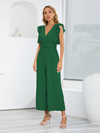 Ruffled V-neck High-waisted Sleeveless Pleated Belt Jumpsuits