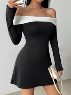 Black And White Color Blocking Off-shoulder Off Shoulder Flared Sleeves Mini&Short Dresses