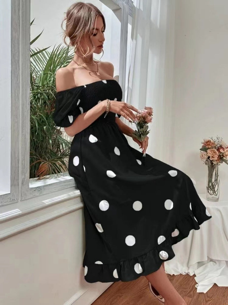Square Collar Polka Dots Short Sleeve Ruffle Vacation And Leisure Maxi Dresses
