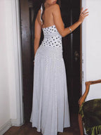 Ruffled Lace Square Neck Polka Dot Suspender Long Dress
