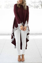 Long Sleeves High Low Hem Lace Trim Blouse Top