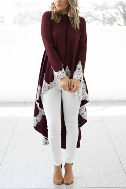 Long Sleeves High Low Hem Lace Trim Blouse Top