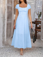 Tie-waist Ruched Puff Sleeve Long Dress
