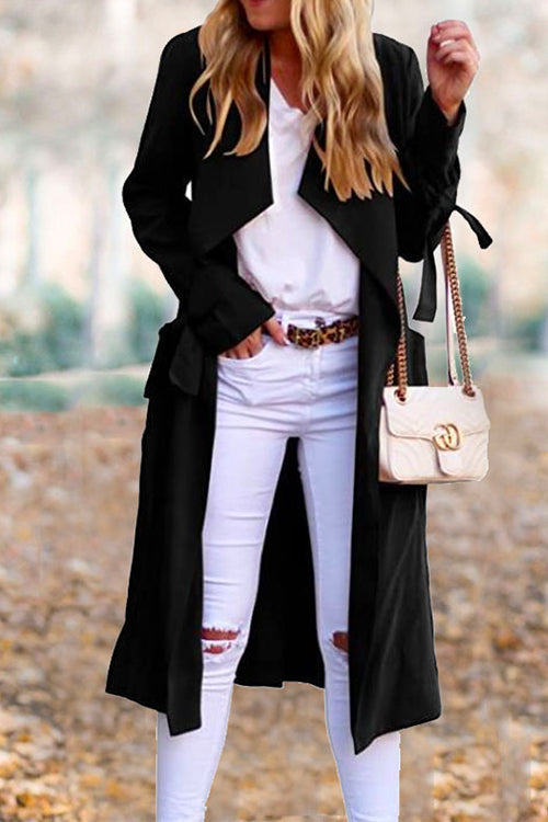 Drap Front Tie Waist Solid Fall Midi Cardigan