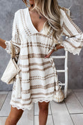 V-Neck Bell Sleeve Crochet Lace Trim Geometric Print Boho Mini Dress