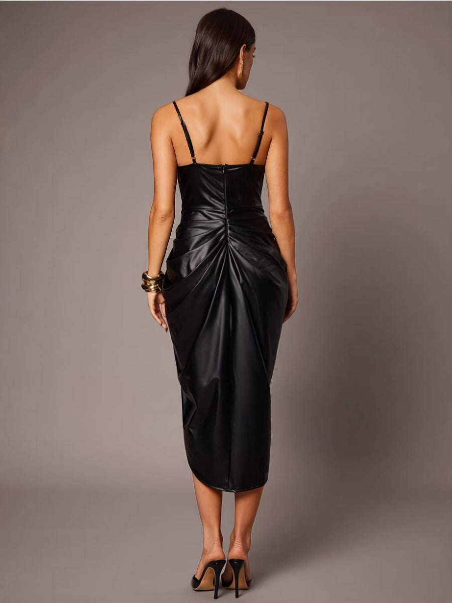 PU Leather Pleated Grace Camisoles Midi Dresses