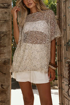 Crewneck Half Sleeves Crochet Hollow Out Sequin Top