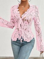 Lace See-through Ruffle Open Front With Tie Sweet T-shirts