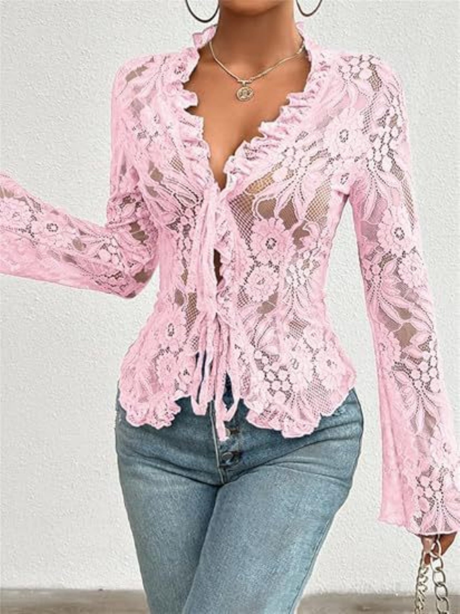 Lace See-through Ruffle Open Front With Tie Sweet T-shirts