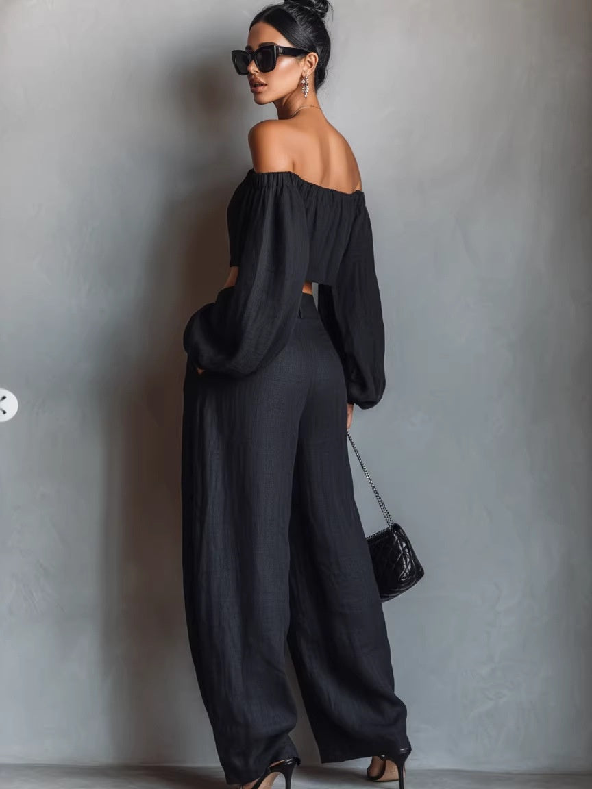 Solid Color Off-shoulder Long-sleeved Top And Wide-leg Pants Two-piece Set