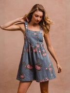 Denim Floral Print Pocket Sleeveless Suspenders Short Jumpsuit