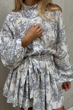 Toile Print Mock Neck Balloon Sleeve Belted Ruffle Hem Mini Dress