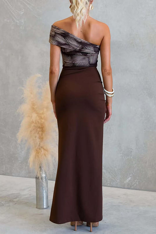 Asymmetrical Shoulder Ruffle Detail Printed Maxi Dress