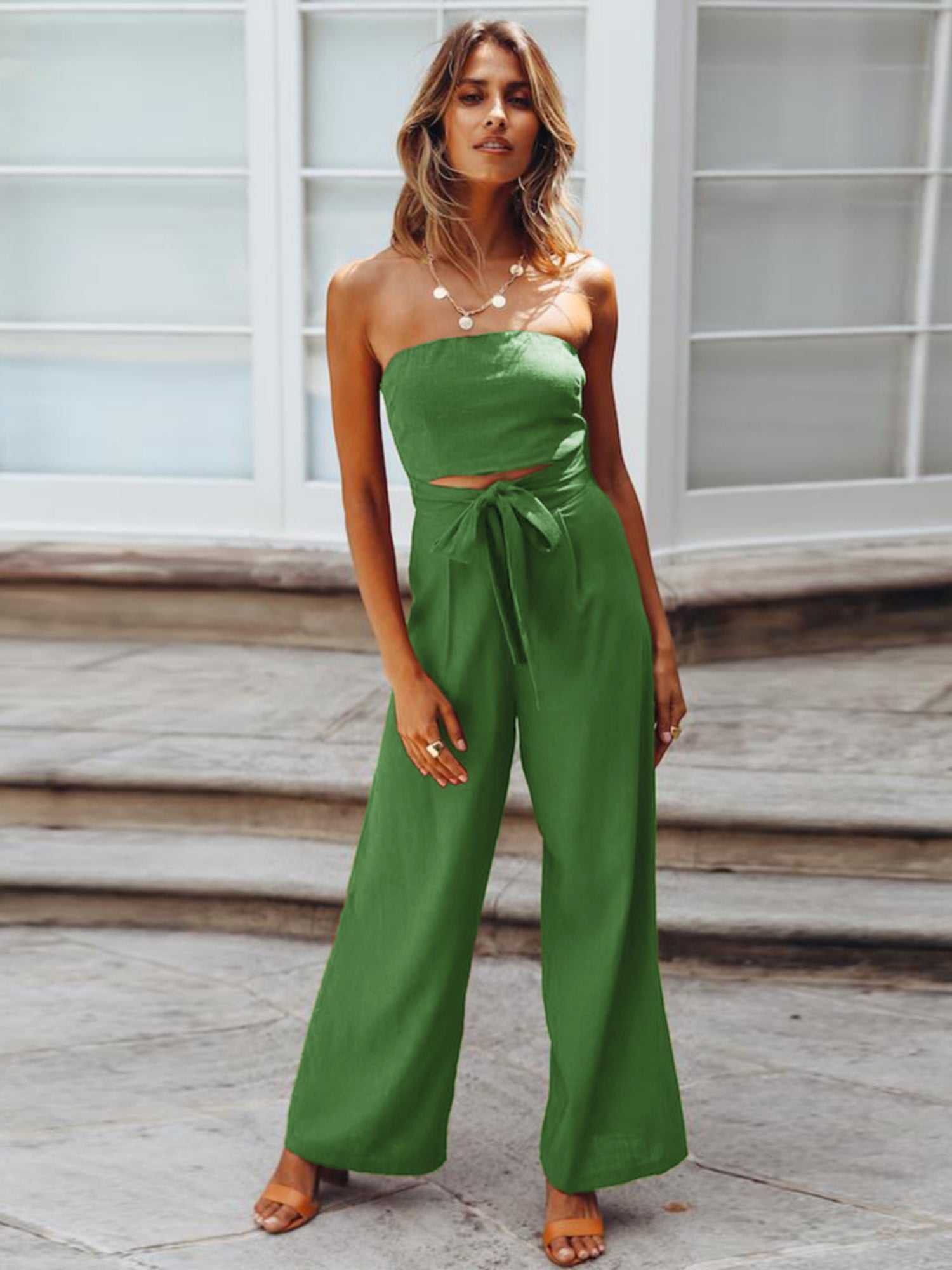 Strapless Backless Waist Cinching With Straps Waist Cutout Jumpsuits