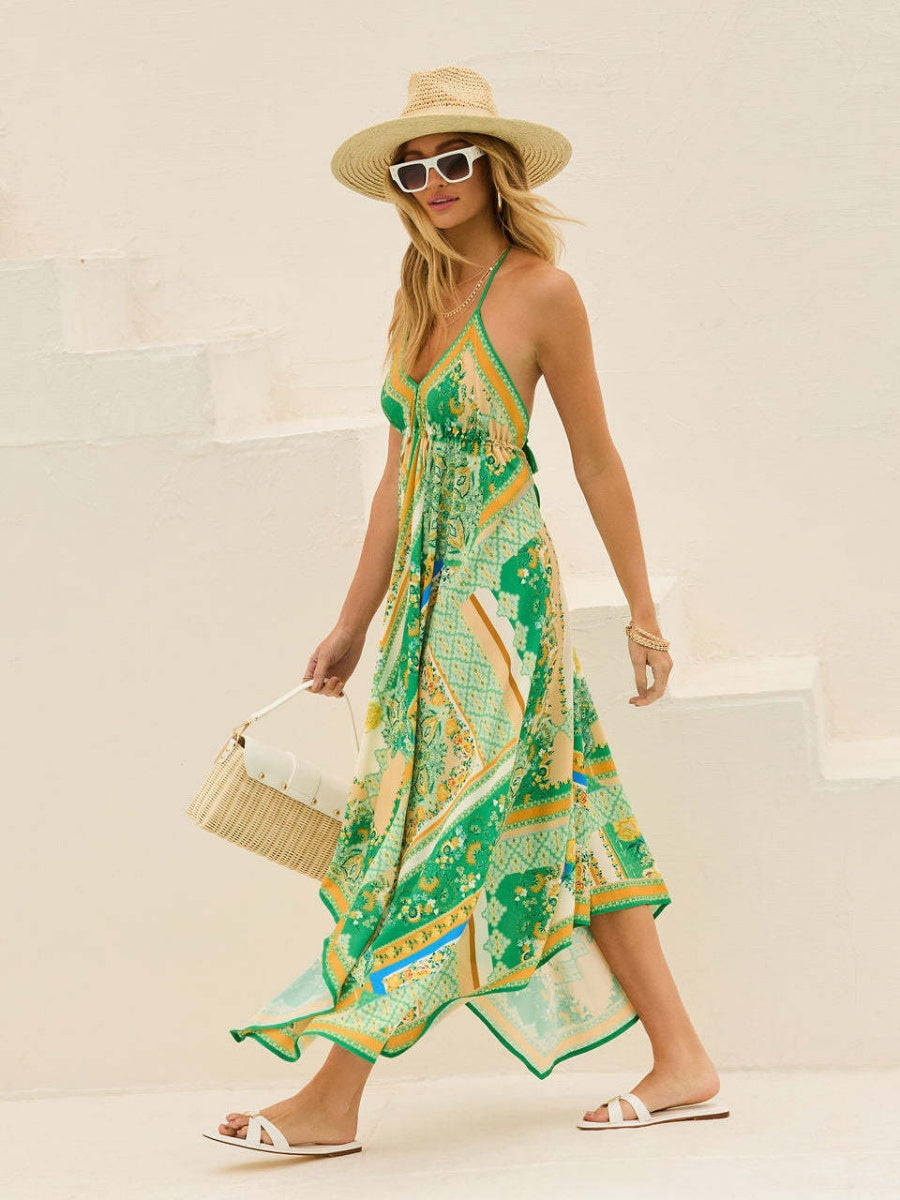 Ethnic-style Printed Off-shoulder V-neck Spaghetti Strap Long Dress