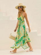 Ethnic-style Printed Off-shoulder V-neck Spaghetti Strap Long Dress