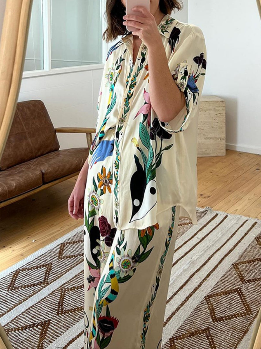 Printed Vacation Long-sleeved Shirt Pants Wide Leg Set 2-piece Sets