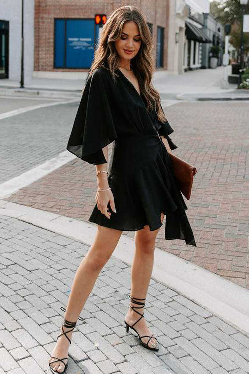 Surplice Wrap Buckle Waist Flutter Sleeve Ruffled Hem Mini Dress