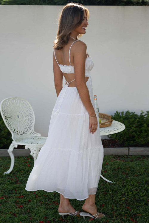 Spaghetti Strap Keyhole Bust Side Waist Cut Out Tiered Maxi Dress