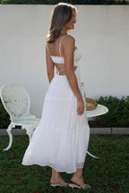 Spaghetti Strap Keyhole Bust Side Waist Cut Out Tiered Maxi Dress