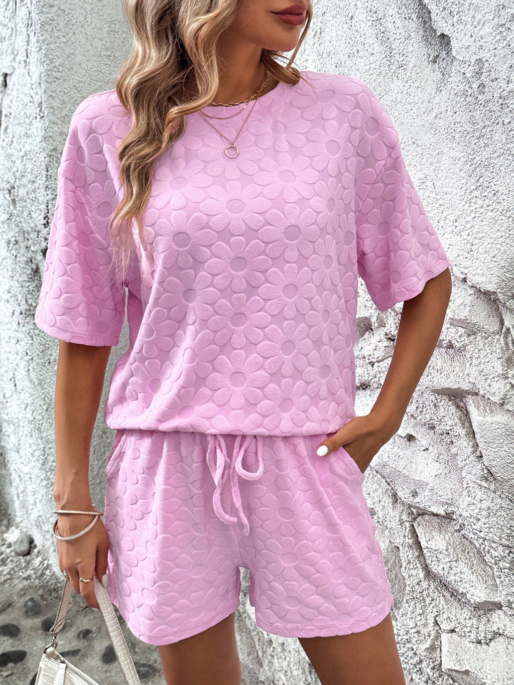 Sunflower Jacquard Short-sleeved T-shirt Strappy Shorts 2-piece Sets