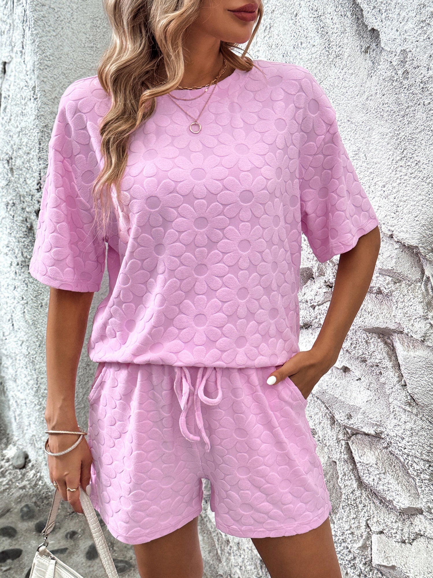 Sunflower Jacquard Short-sleeved T-shirt Strappy Shorts 2-piece Sets